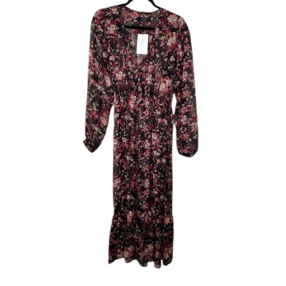 O.P.T. Long Puff Sleeve Floral Cinched Waist V Neck Sheer Maxi Dress Small NWT
